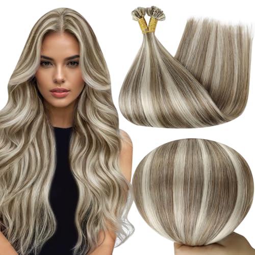 Full Shine Utip Hair Extensions Human Hair Ash Brown Highlight Platinum Blonde 14 Inch 40 Grams Keratin Human Hair Extensions Natural Straight Remy Hair for Women